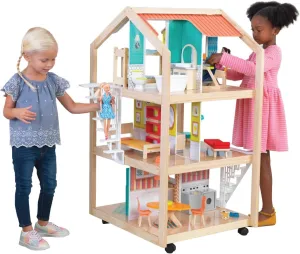 KidKraft So Stylish Mansion Wooden Mid-Century 360-Play Dollhouse with Wheeled Base and 42 Accessories, Gift for Ages 3 