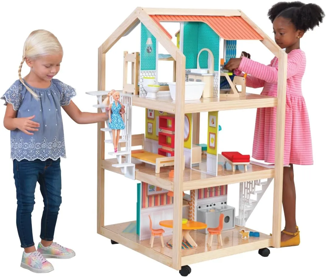 KidKraft So Stylish Mansion Wooden Mid-Century 360-Play Dollhouse with Wheeled Base and 42 Accessories, Gift for Ages 3 