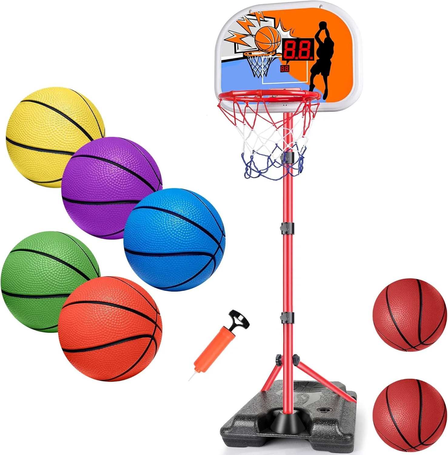 Kids Basketball Hoop with Electronic Scoreboard Adjustable Height 3.4ft-5.9ft Basketball Goals and 5 Pack 6" Small Basketball Set with Pump Durable PVC Basketballs for Mini Basketball Hoop