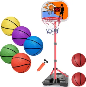Kids Basketball Hoop with Electronic Scoreboard Adjustable Height 3.4ft-5.9ft Basketball Goals and 5 Pack 6" Small Basketball Set with Pump Durable PVC Basketballs for Mini Basketball Hoop