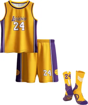Kids Basketball Jerseys #24 Mesh Sleeveless Tank Top Shorts Socks for Boys Girls 3PC Athletic Training Uniforms