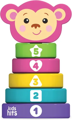Kids Hits Stack and Play Monkey – Wooden Stacking Ring Toy with Numbers, Shapes & Colors – Montessori Learning Toy for Toddlers Ages 1 