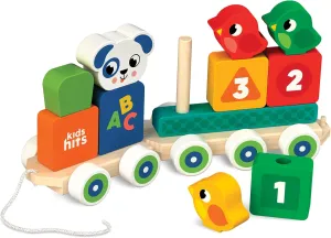 Kids Hits Wooden Stack and Go Train – 11-Piece Educational Pull Toy with Color Matching, Shapes, and Numbers – Montessori Toy for Toddlers 1 