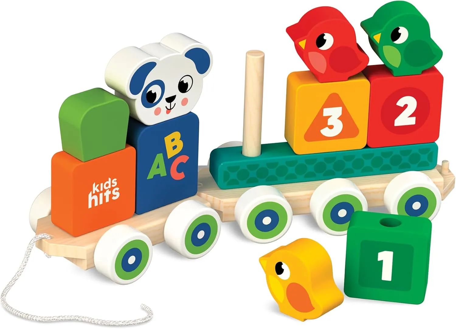 Kids Hits Wooden Stack and Go Train – 11-Piece Educational Pull Toy with Color Matching, Shapes, and Numbers – Montessori Toy for Toddlers 1 