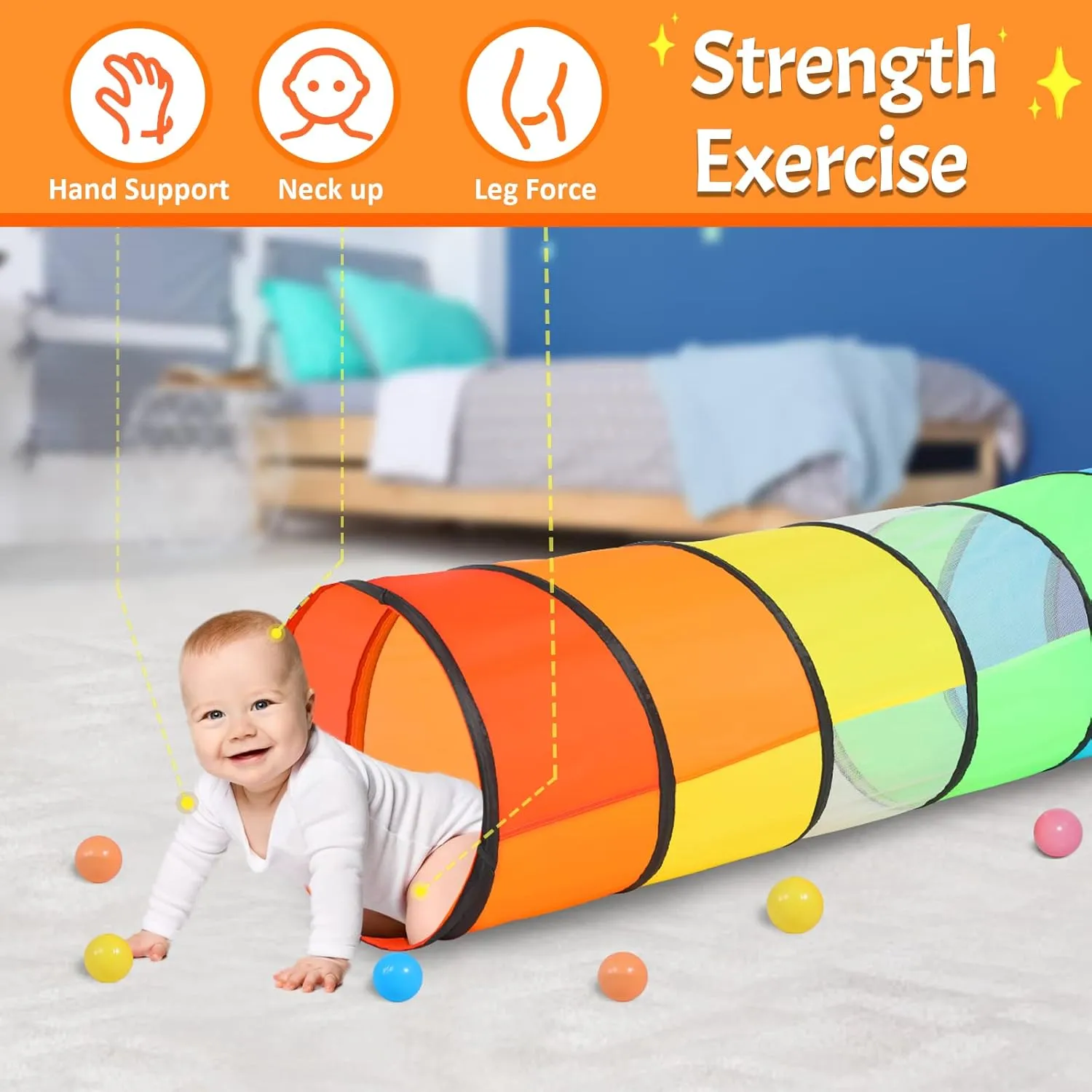 Kids Play Tunnel for Toddlers, 5.7 Foot Pop Up Crawl Through Tunnel Play Tent for Baby Infant Children or Dog with 2 Mesh Sides, Kids Tunnel Toys or Gift Indoor & Outdoor (Rainbow Crawling Tunnel)