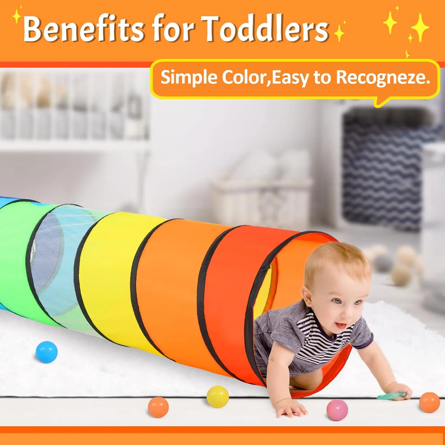 Kids Play Tunnel for Toddlers, 5.7 Foot Pop Up Crawl Through Tunnel Play Tent for Baby Infant Children or Dog with 2 Mesh Sides, Kids Tunnel Toys or Gift Indoor & Outdoor (Rainbow Crawling Tunnel)