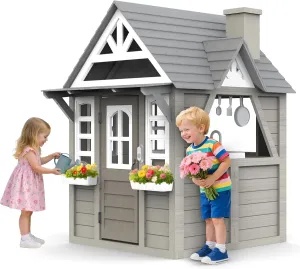 Kids Playhouse Outdoor,Wooden Play House Playset for Kids, Large, Sturdy, Realistic Design with Kitchen, Doorbell, Flower Pot, Stove, Sink & Clock, Perfect for Kid Ages 3-8 (Gray)