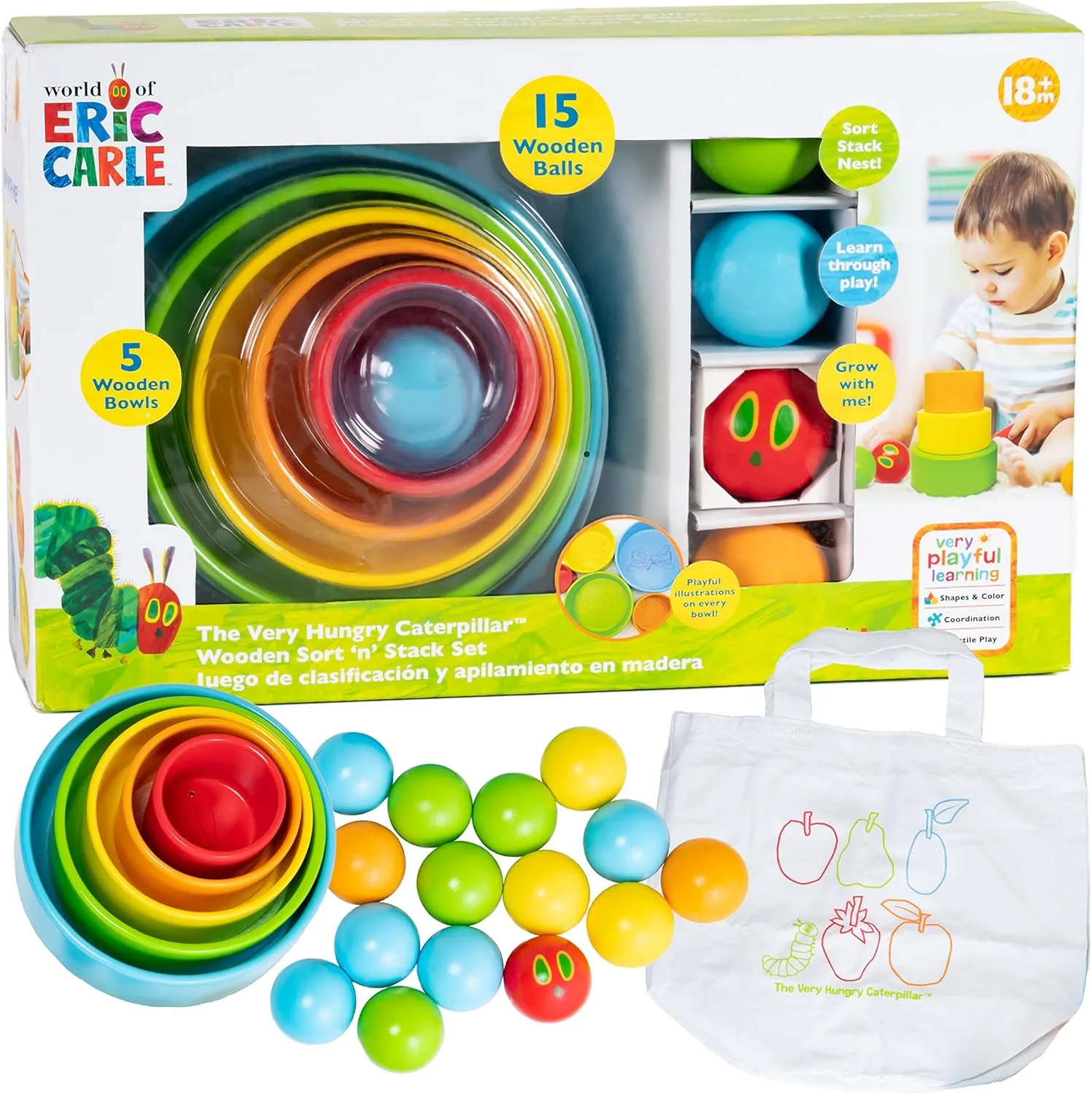 KIDS PREFERRED World of Eric Carle The Very Hungry Caterpillar Wooden Sort and Stack Bowls and Balls Set – Wooden Educational Toy with 5 Bowls and 15 Balls