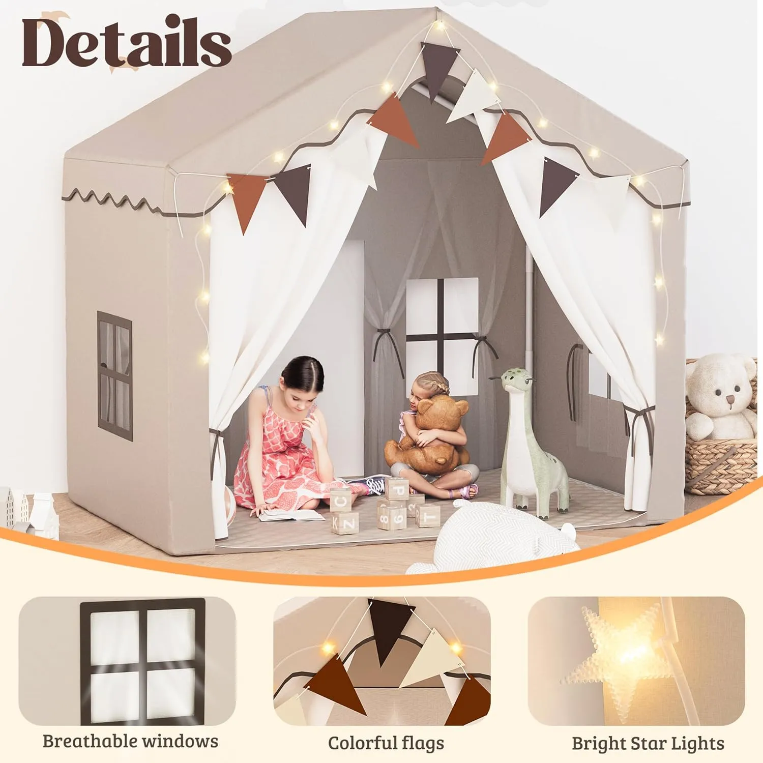Kids Tent,Indoor & Outdoor Kid Playhouse 2 in 1 with Lights and Mat,54" x36.5" x 51" Large Play Tents with 2 Doors & 5 Windows,Beige