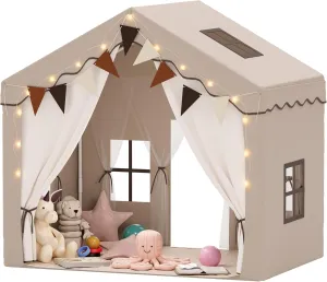 Kids Tent,Indoor & Outdoor Kid Playhouse 2 in 1 with Lights and Mat,54" x36.5" x 51" Large Play Tents with 2 Doors & 5 Windows,Beige