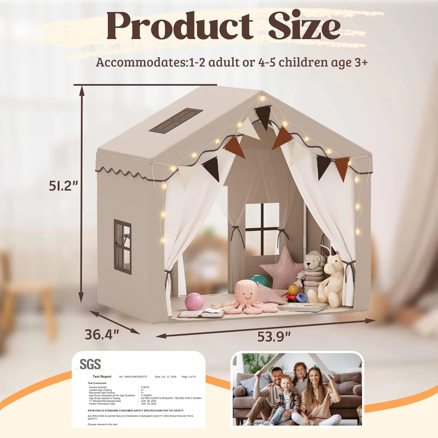 Kids Tent,Indoor & Outdoor Kid Playhouse 2 in 1 with Lights and Mat,54" x36.5" x 51" Large Play Tents with 2 Doors & 5 Windows,Beige