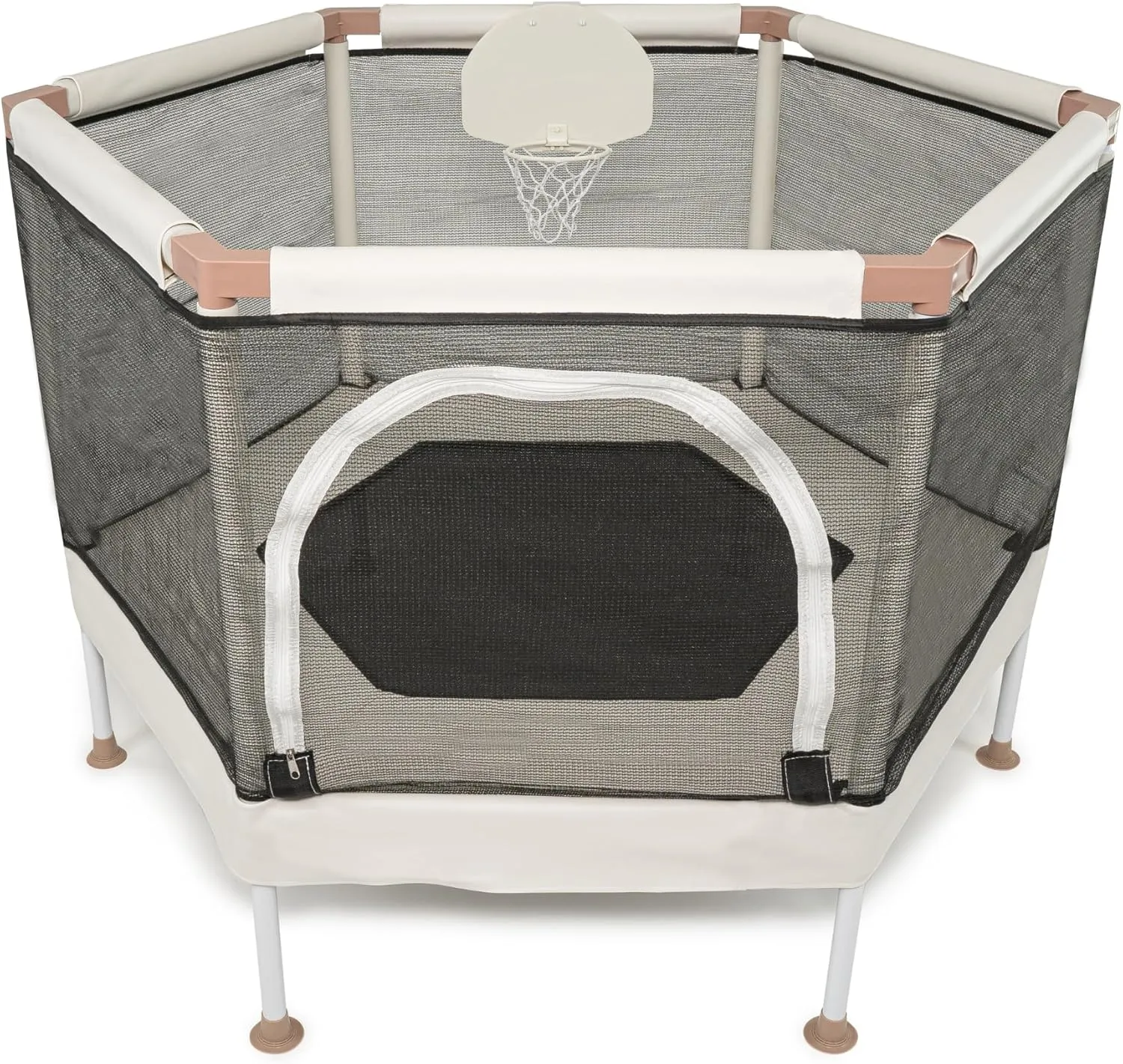 Kids Trampoline, Aesthetic Indoor and Outdoor Toddler Trampoline with Safety Net, Basketball Hoop, 220lb Capacity, Ultra Safe No-Gap Design, Gifts for Boys & Girls