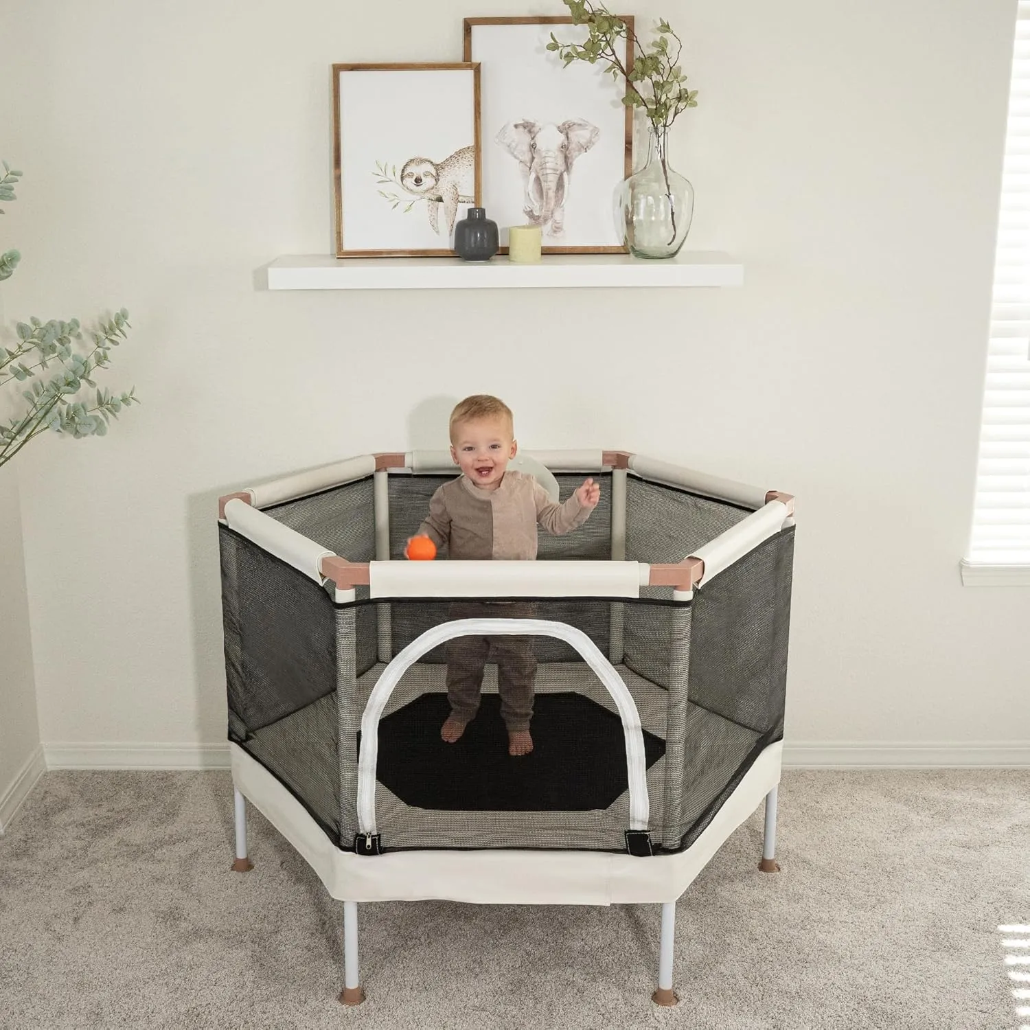 Kids Trampoline, Aesthetic Indoor and Outdoor Toddler Trampoline with Safety Net, Basketball Hoop, 220lb Capacity, Ultra Safe No-Gap Design, Gifts for Boys & Girls
