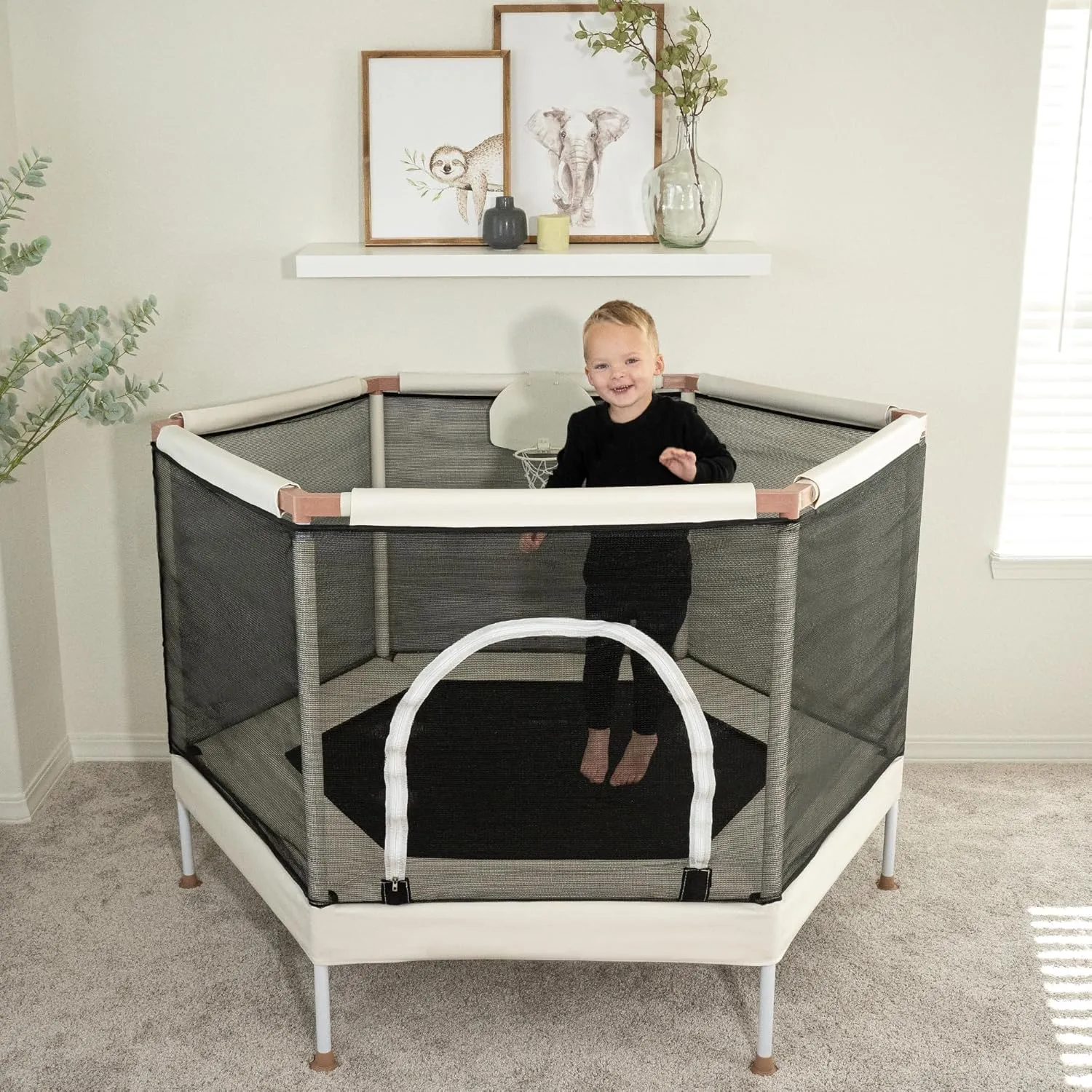 Kids Trampoline, Aesthetic Indoor and Outdoor Toddler Trampoline with Safety Net, Basketball Hoop, 220lb Capacity, Ultra Safe No-Gap Design, Gifts for Boys & Girls
