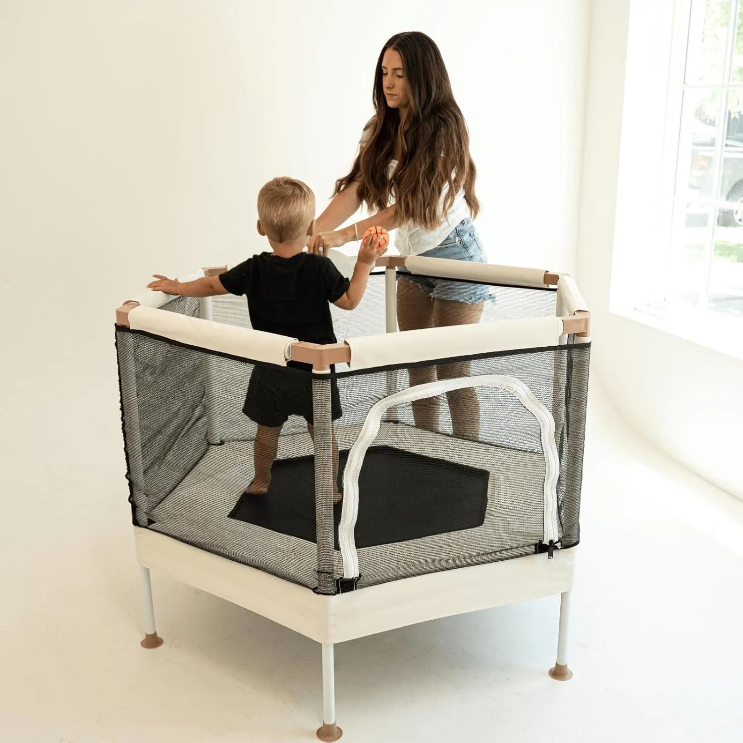 Kids Trampoline, Aesthetic Indoor and Outdoor Toddler Trampoline with Safety Net, Basketball Hoop, 220lb Capacity, Ultra Safe No-Gap Design, Gifts for Boys & Girls