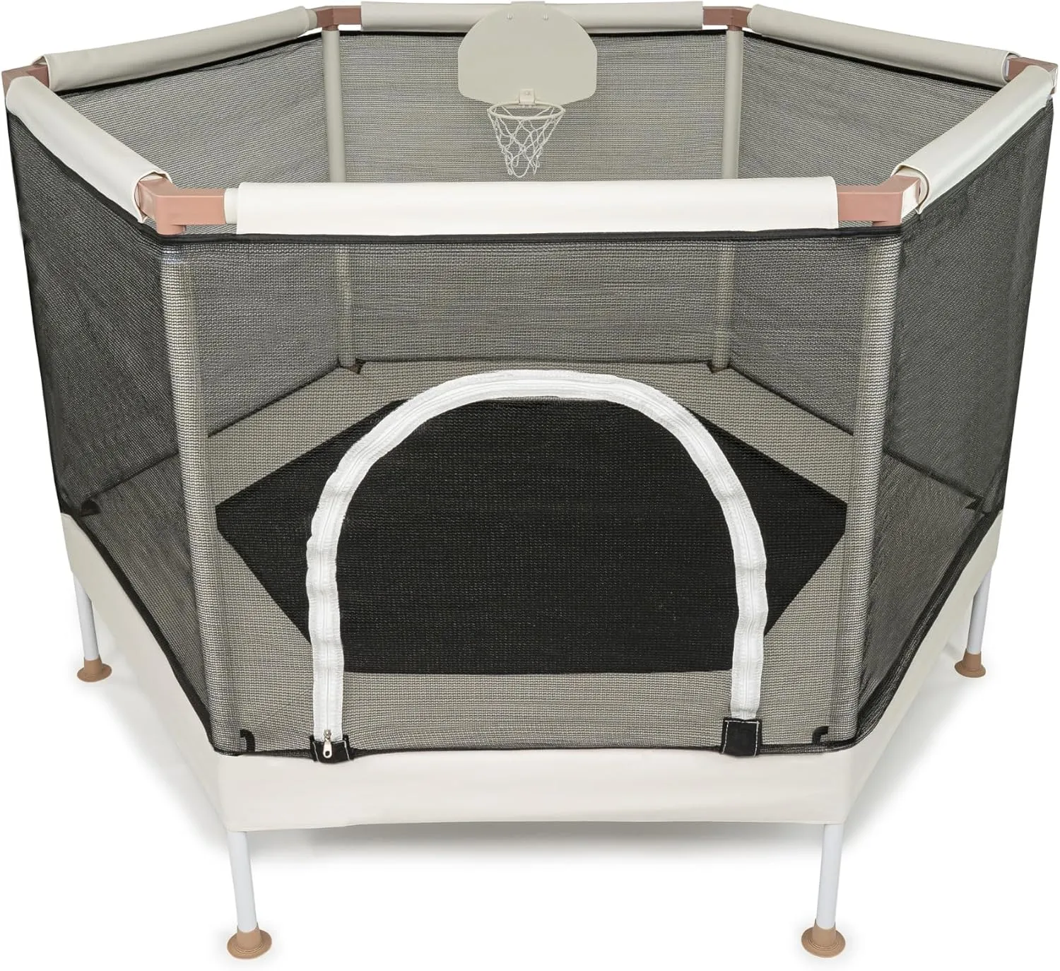 Kids Trampoline, Aesthetic Indoor and Outdoor Toddler Trampoline with Safety Net, Basketball Hoop, 220lb Capacity, Ultra Safe No-Gap Design, Gifts for Boys & Girls