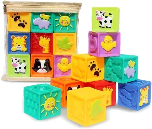 Kingtree Baby Blocks, 9PCS Soft Squeeze Building Blocks Stacking Toys for 6  Months Babies, Baby Teething Chewing Educational Blocks Set with Numbers Animals Shapes Textures