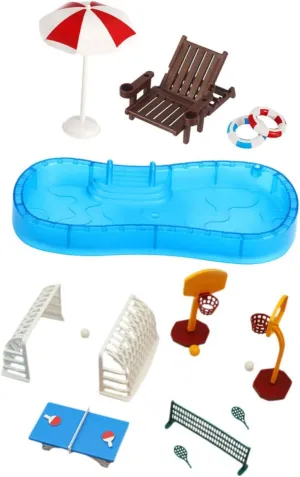 Kisangel 2 Set Dollhouse Outdoor Furniture Includes Playground Sports Model and Beach Pool Toys Mini Poolside Prop Kit Miniature Fairy Garden Ornaments
