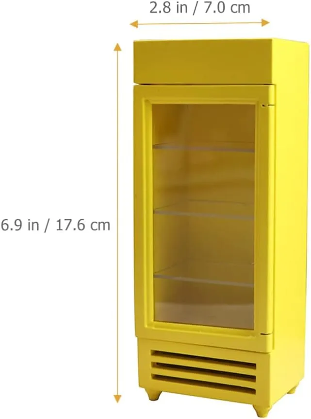 Kisangel Mini Simulated Refrigerator - Miniature Fridge Toy for 1:12 Scale Dollhouses - Wooden, Yellow, Retro Style