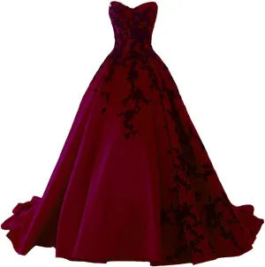 Kivary Gothic Black Satin Lace V Neck A Line Long Prom Corset Wedding Dresses Black Burgundy 14