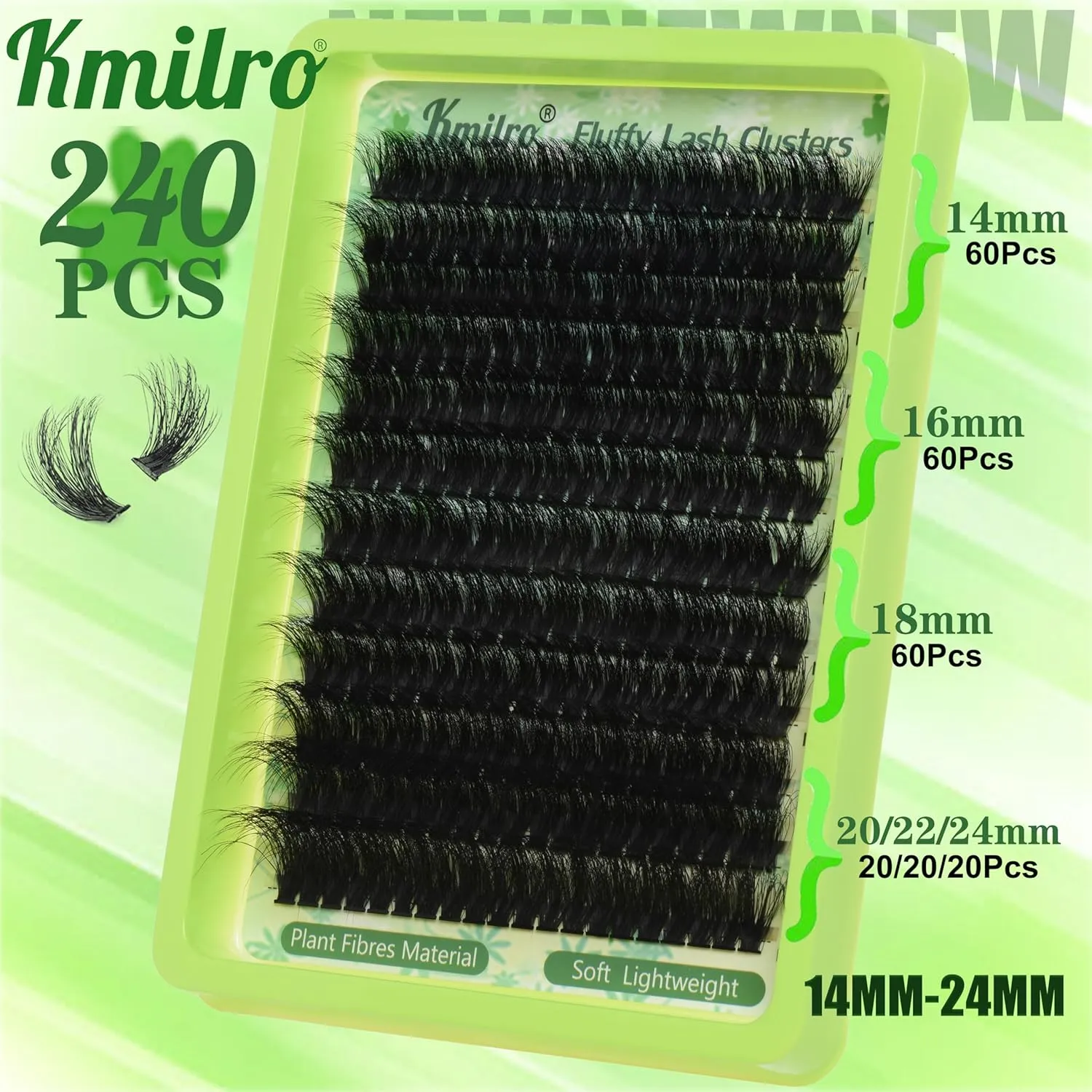 Kmilro Fluffy Lash Clusters Kit 14-24mm Thick Long Cluster Eyelash Extensions Kit 180D D Curl Volume DIY Lash Extension 240pcs Soft Wispy Individual Lashes Kit with Bond and Seal Lash Tweezers