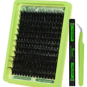 Kmilro Thick Lash Clusters Kit 14-24mm Long 240D Fluffy Cluster Eyelash Extensions Waterproof D Curl Volume Individual Lashes Kit with Bond and Seal Lash Tweezers 192Pcs Wispy DIY Eyelash Extension