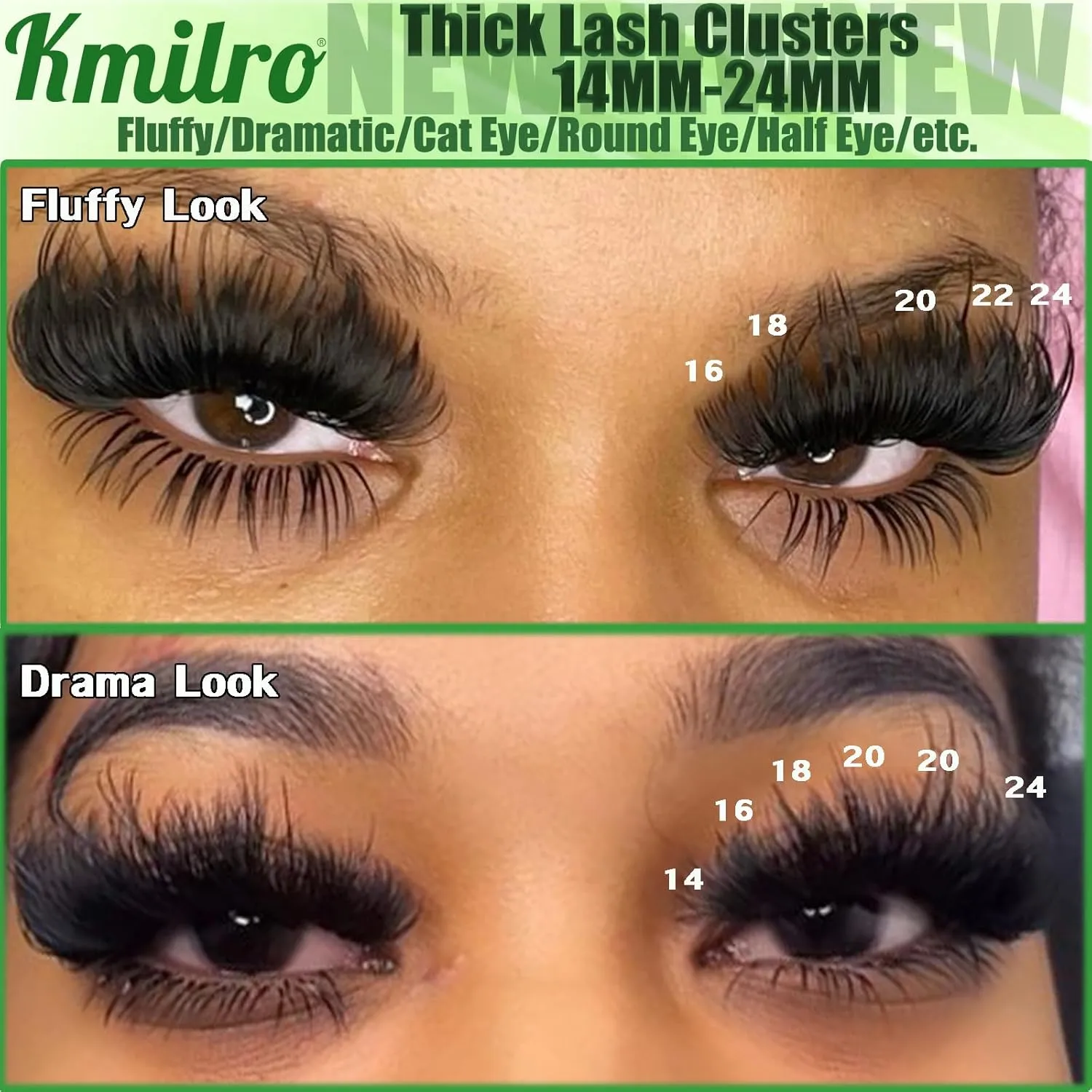 Kmilro Thick Lash Clusters Kit 14-24mm Long 240D Fluffy Cluster Eyelash Extensions Waterproof D Curl Volume Individual Lashes Kit with Bond and Seal Lash Tweezers 192Pcs Wispy DIY Eyelash Extension