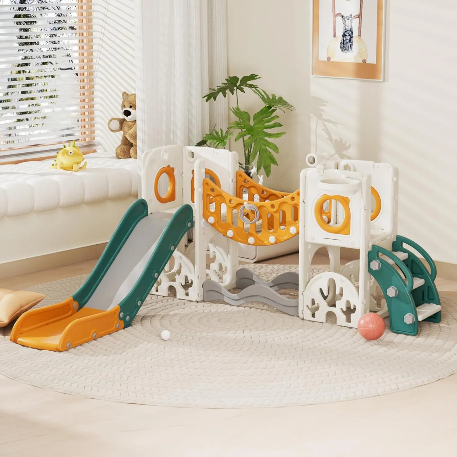 KORIMEFA 10 in 1 Toddler Slide Set, Kids Slide for Toddlers, Outdoor Indoor Playground for Toddlers 1-3, Toddler PlaySet with Basketball Hoop and Ball Golf Set, Climbing Arch(Yellow & Green)