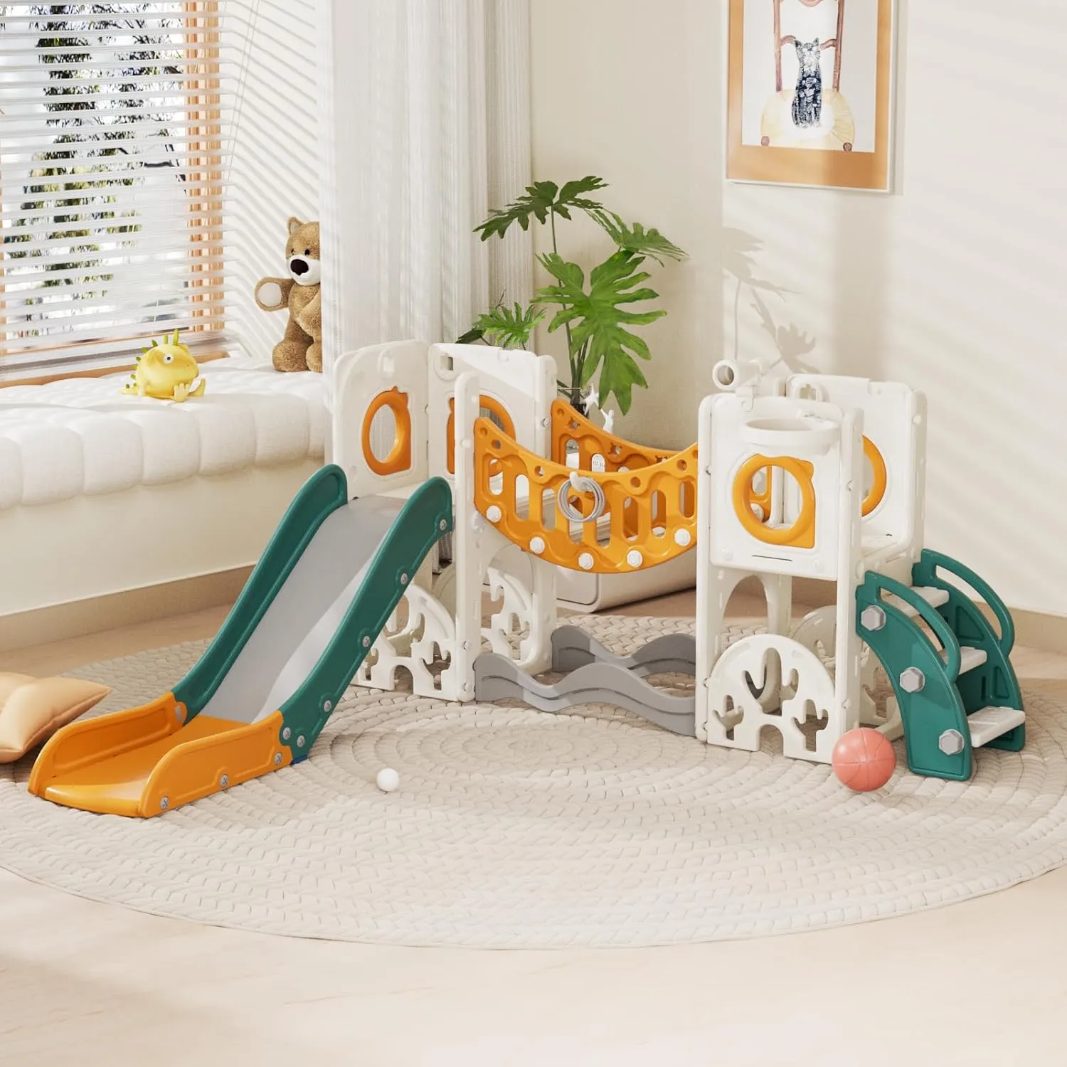 KORIMEFA 10 in 1 Toddler Slide Set, Kids Slide for Toddlers, Outdoor Indoor Playground for Toddlers 1-3, Toddler PlaySet with Basketball Hoop and Ball Golf Set, Climbing Arch(Yellow & Green)
