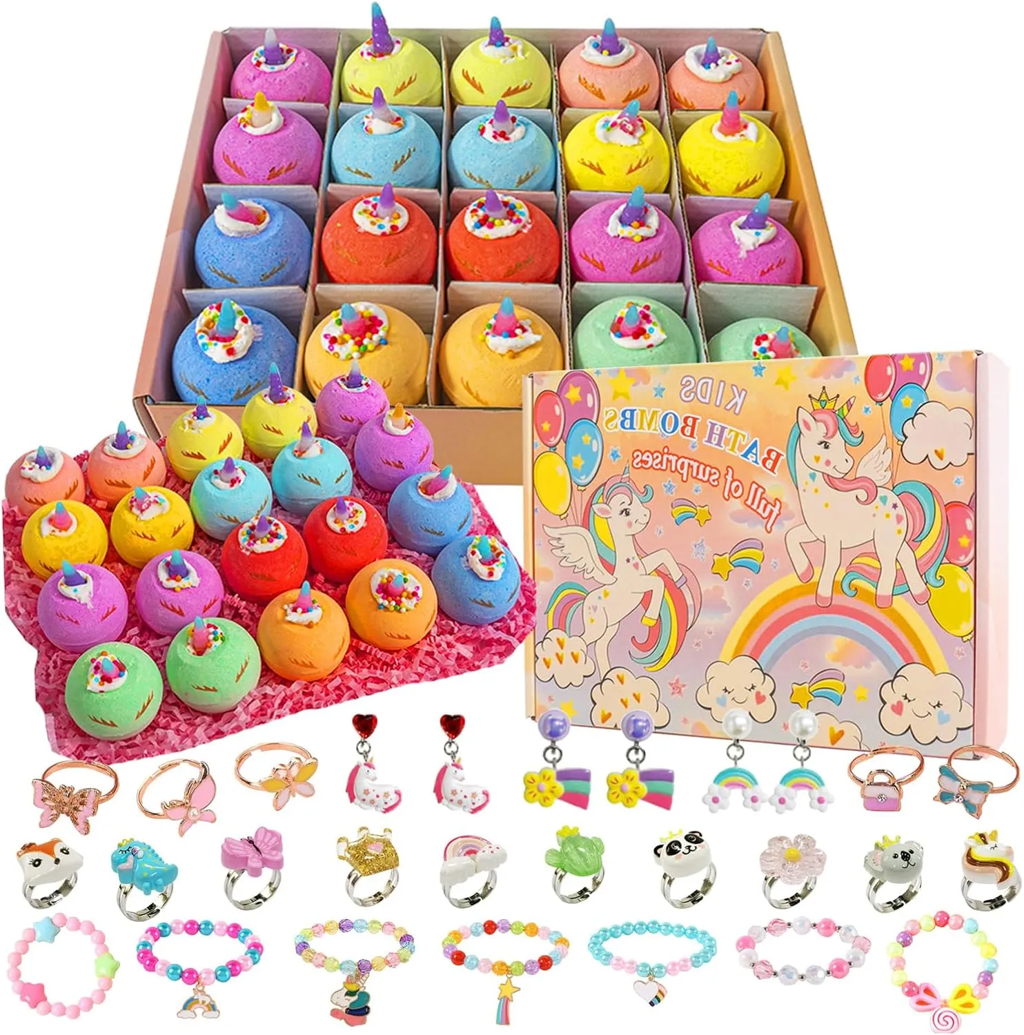 Kottke Kids Bath Bombs, 20 Organic Kids Bath Bombs with Jewelry Rings Inside, Non-Pierced Earrings and Ear Clips, Girls Birthday, Christmas, Easter, Valentine's Day Gift Set