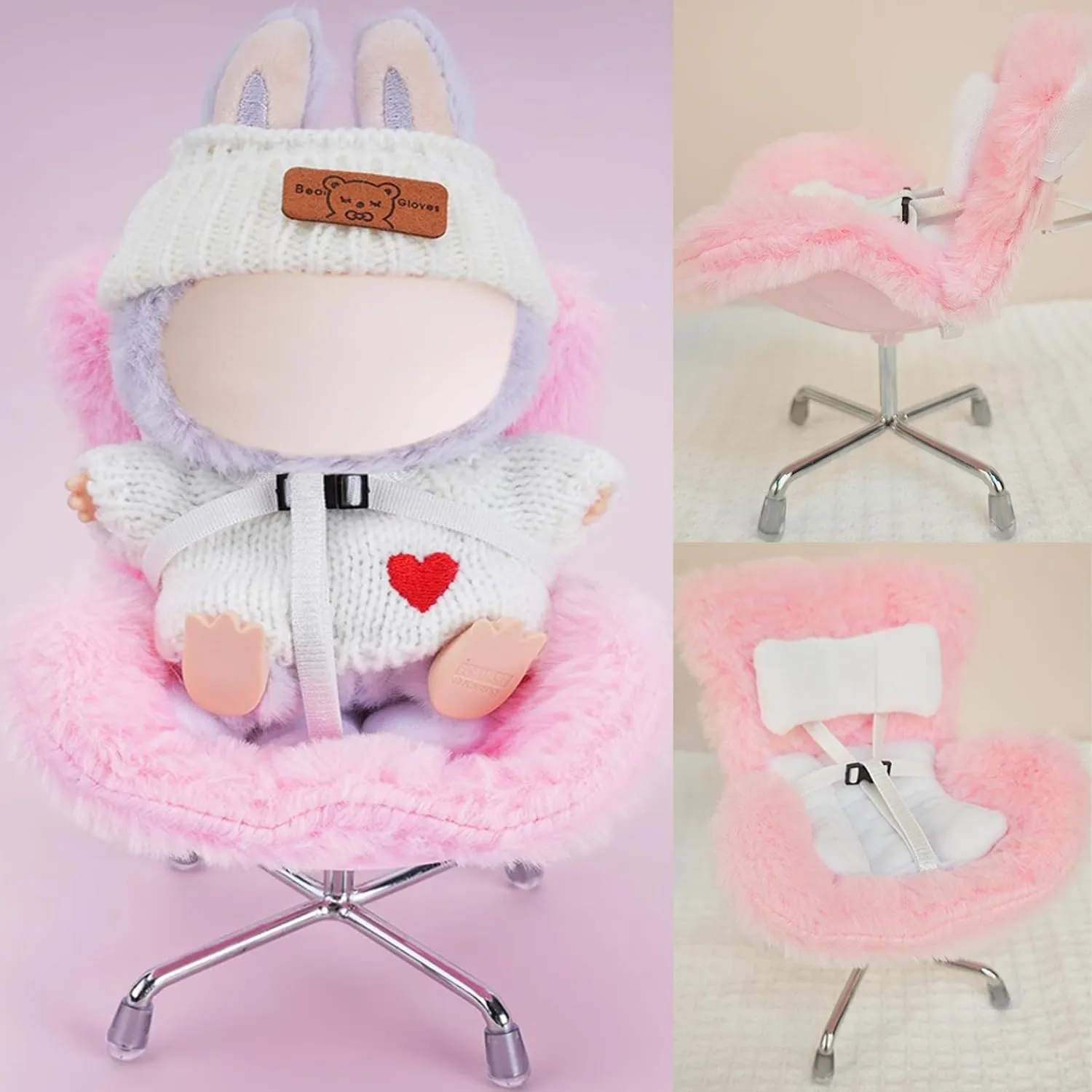 La-bubu Car Seat with Soft Furry Cushion for 10-17cm Dolls, La-bubu Accessories, Car Air Vent Decor, Includes Seat Leg for Desktop Display