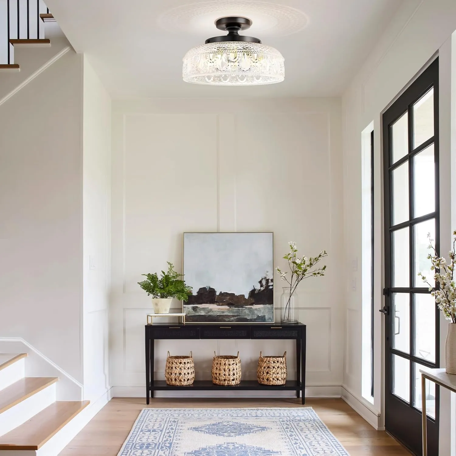 Lamomo Semi Flush Mount Ceiling Light, Upgraded Larger Black Hallway Light Fixture, 3-Bulb Globe Glass Close to Ceiling Light, Indoor Hanging Light for Bedroom Kitchen Porch Hallway,Bulbs Not Included