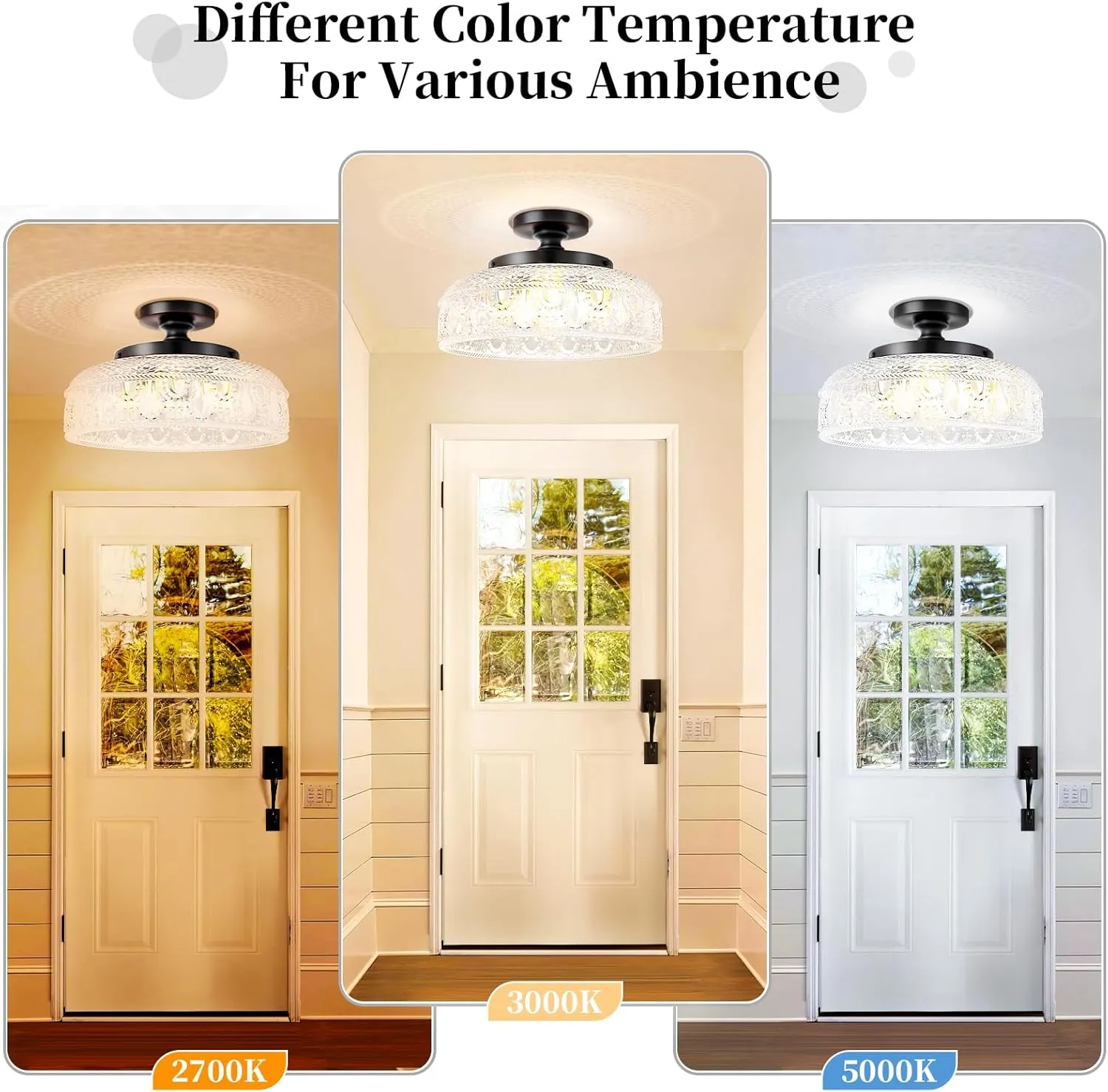 Lamomo Semi Flush Mount Ceiling Light, Upgraded Larger Black Hallway Light Fixture, 3-Bulb Globe Glass Close to Ceiling Light, Indoor Hanging Light for Bedroom Kitchen Porch Hallway,Bulbs Not Included