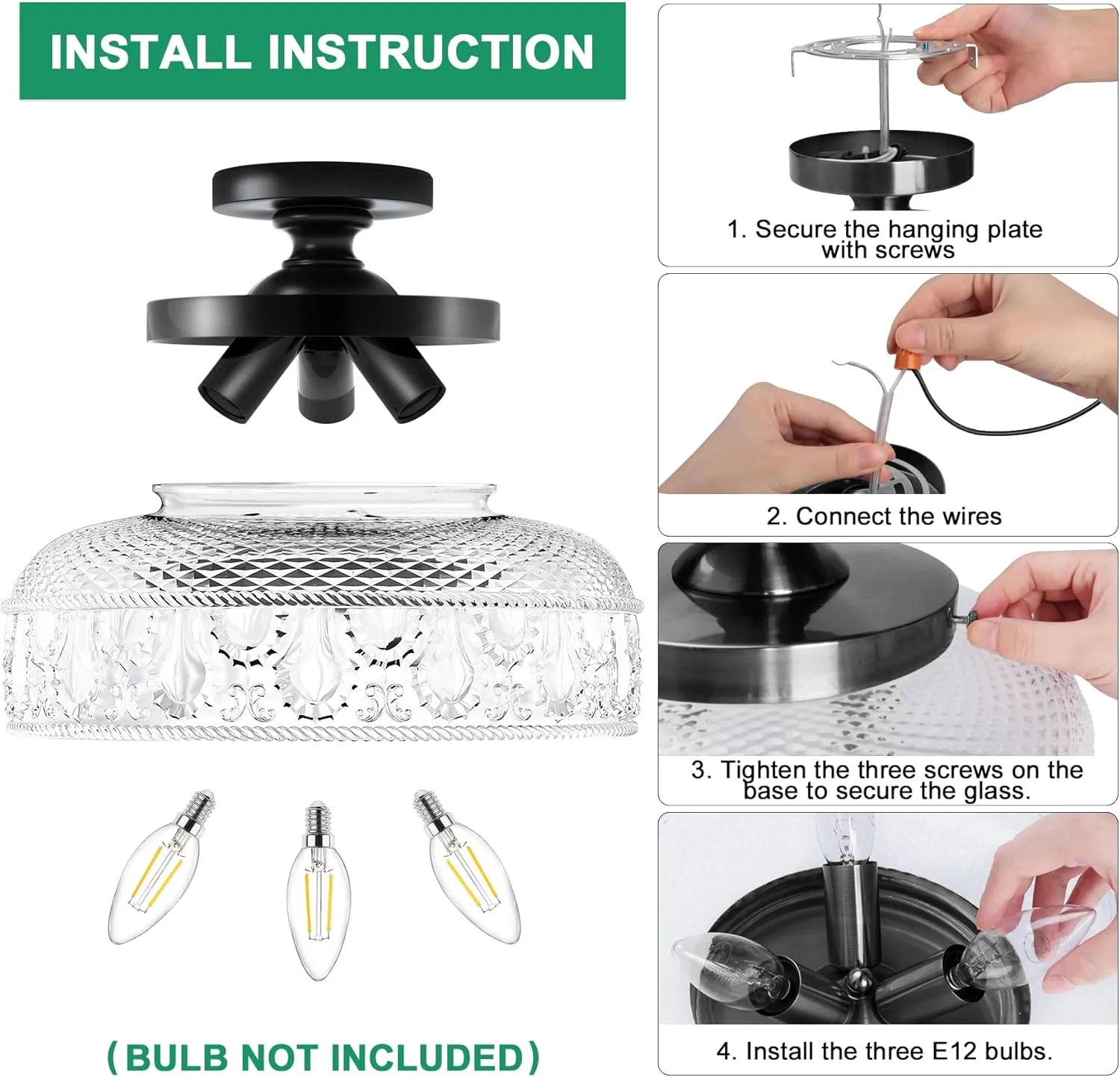 Lamomo Semi Flush Mount Ceiling Light, Upgraded Larger Black Hallway Light Fixture, 3-Bulb Globe Glass Close to Ceiling Light, Indoor Hanging Light for Bedroom Kitchen Porch Hallway,Bulbs Not Included