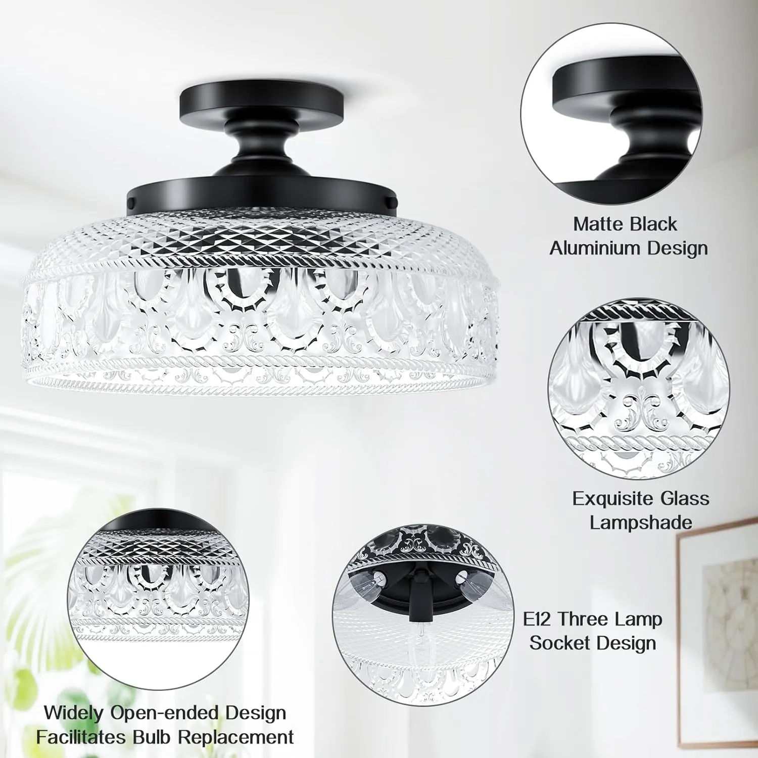 Lamomo Semi Flush Mount Ceiling Light, Upgraded Larger Black Hallway Light Fixture, 3-Bulb Globe Glass Close to Ceiling Light, Indoor Hanging Light for Bedroom Kitchen Porch Hallway,Bulbs Not Included