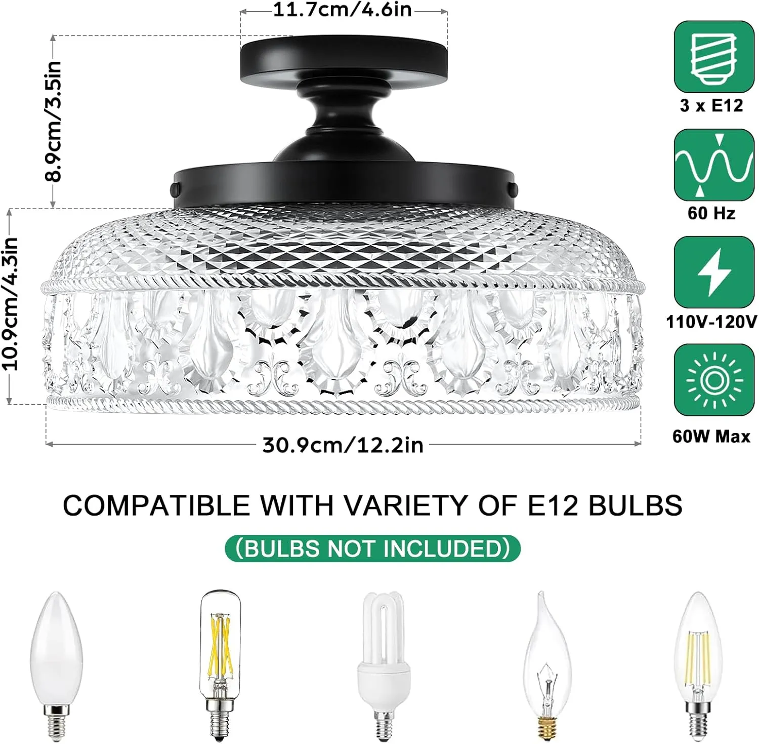 Lamomo Semi Flush Mount Ceiling Light, Upgraded Larger Black Hallway Light Fixture, 3-Bulb Globe Glass Close to Ceiling Light, Indoor Hanging Light for Bedroom Kitchen Porch Hallway,Bulbs Not Included