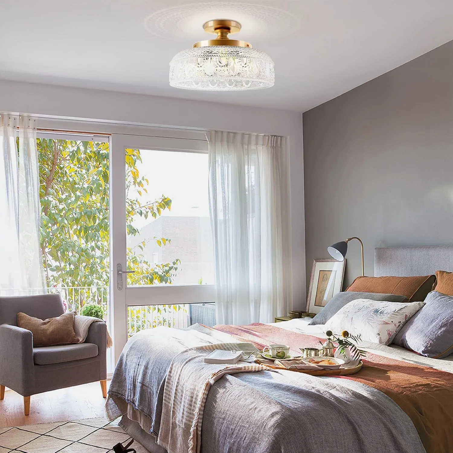 Lamomo Semi Flush Mount Ceiling Light, Upgraded Larger Golden Hallway Light Fixture, 3-Bulb Globe Glass Close to Ceiling Scone,Indoor Hanging Light for Bedroom Kitchen Porch Hallway,Bulbs Not Included