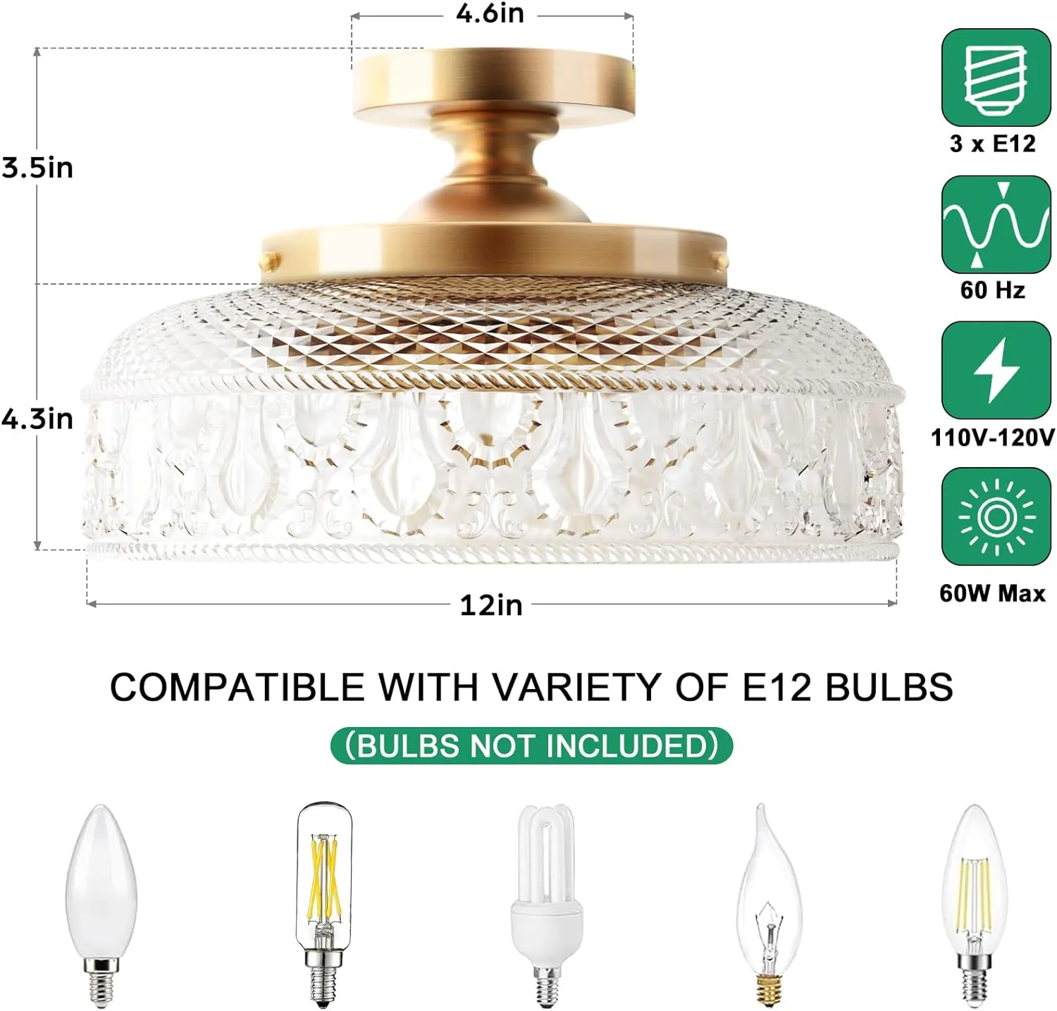 Lamomo Semi Flush Mount Ceiling Light, Upgraded Larger Golden Hallway Light Fixture, 3-Bulb Globe Glass Close to Ceiling Scone,Indoor Hanging Light for Bedroom Kitchen Porch Hallway,Bulbs Not Included