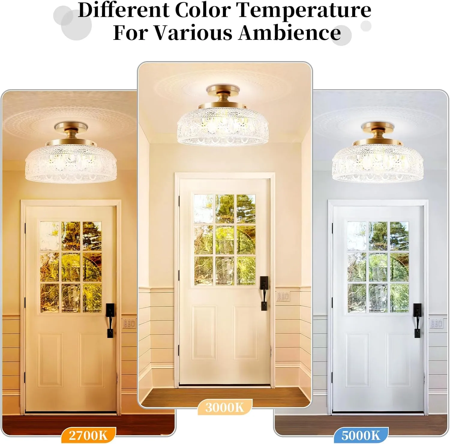 Lamomo Semi Flush Mount Ceiling Light, Upgraded Larger Golden Hallway Light Fixture, 3-Bulb Globe Glass Close to Ceiling Scone,Indoor Hanging Light for Bedroom Kitchen Porch Hallway,Bulbs Not Included