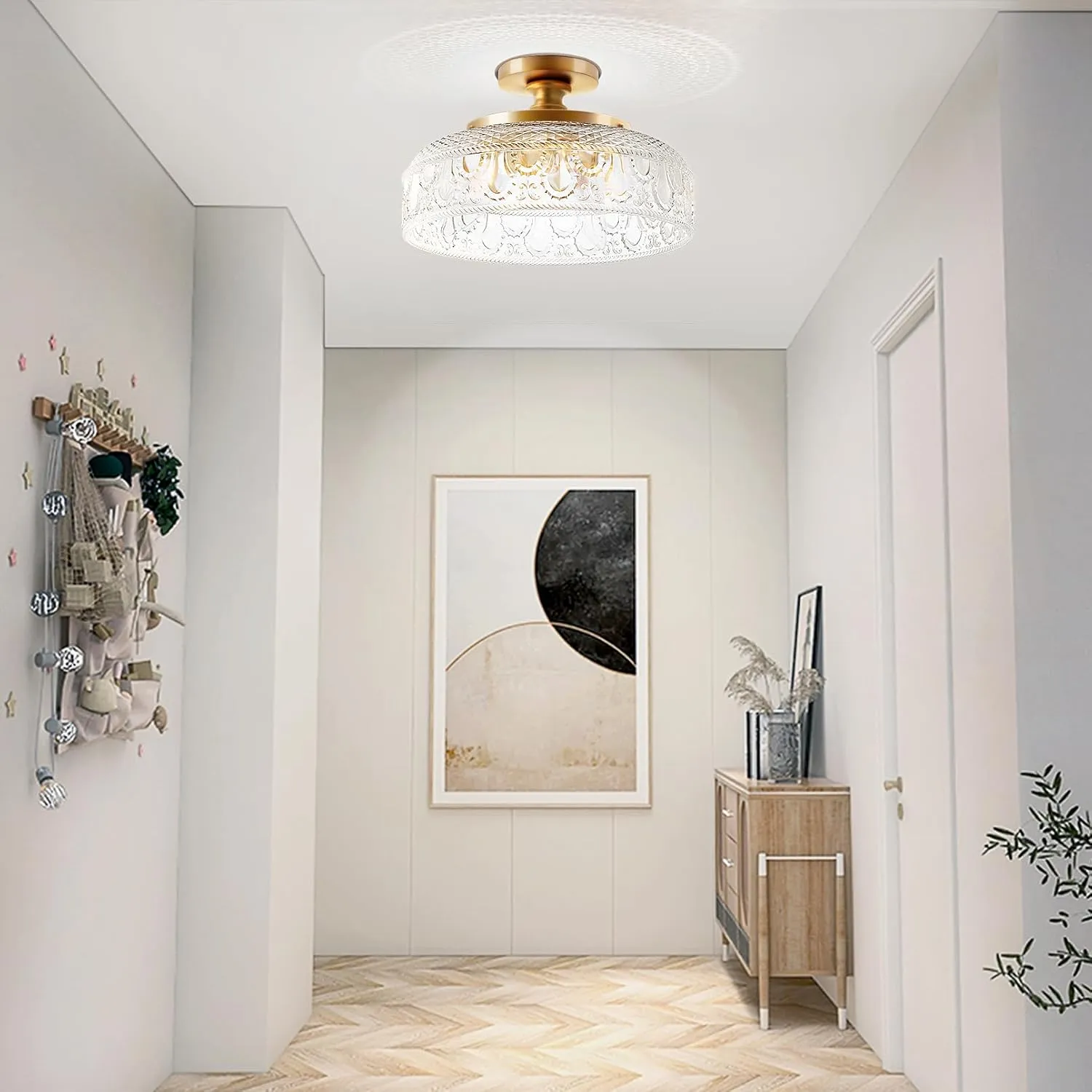 Lamomo Semi Flush Mount Ceiling Light, Upgraded Larger Golden Hallway Light Fixture, 3-Bulb Globe Glass Close to Ceiling Scone,Indoor Hanging Light for Bedroom Kitchen Porch Hallway,Bulbs Not Included