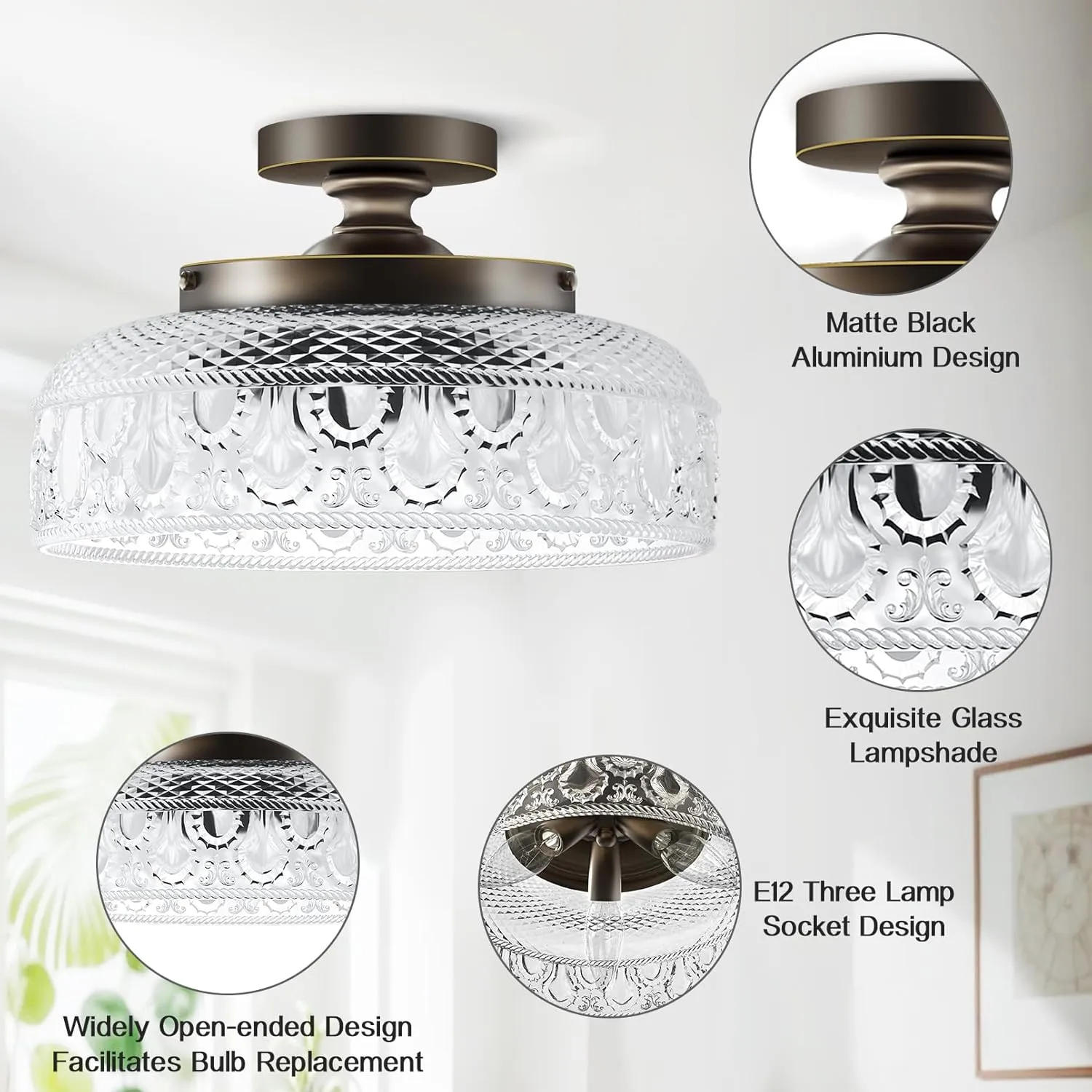 Lamomo Semi Flush Mount Ceiling Light,Upgraded Larger Bronze Hallway Light Fixture,3-Bulb Globe Glass Close to Ceiling Scone, Indoor Hanging Light for Bedroom Kitchen Porch Hallway,Bulbs Not Included