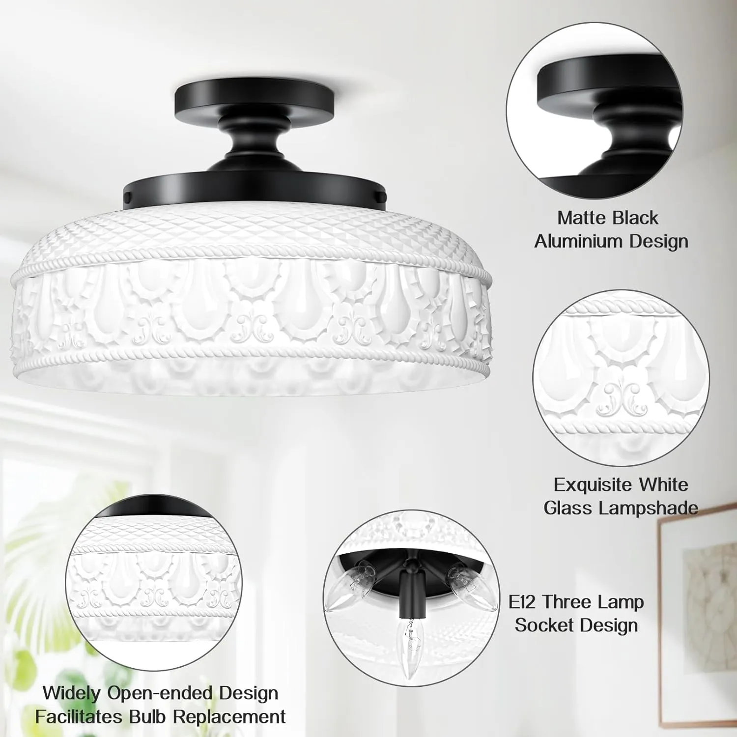 Lamomo Semi Flush Mount Ceiling Light,White Glass Shade Black Hallway Light Fixture,3-Bulb Globe Glass Close to Ceiling Scone,Indoor Hanging Light for Bedroom Kitchen Porch Hallway,Bulbs Not Included
