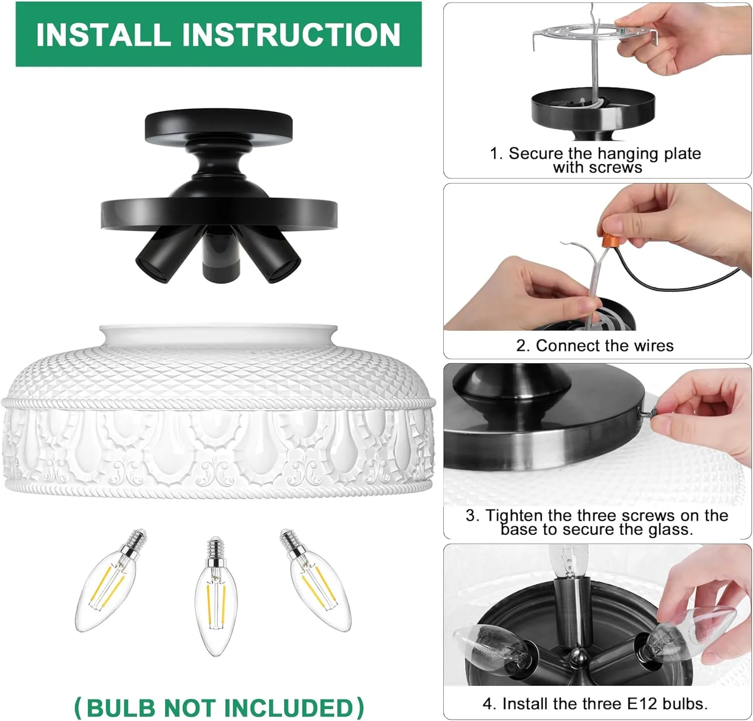Lamomo Semi Flush Mount Ceiling Light,White Glass Shade Black Hallway Light Fixture,3-Bulb Globe Glass Close to Ceiling Scone,Indoor Hanging Light for Bedroom Kitchen Porch Hallway,Bulbs Not Included