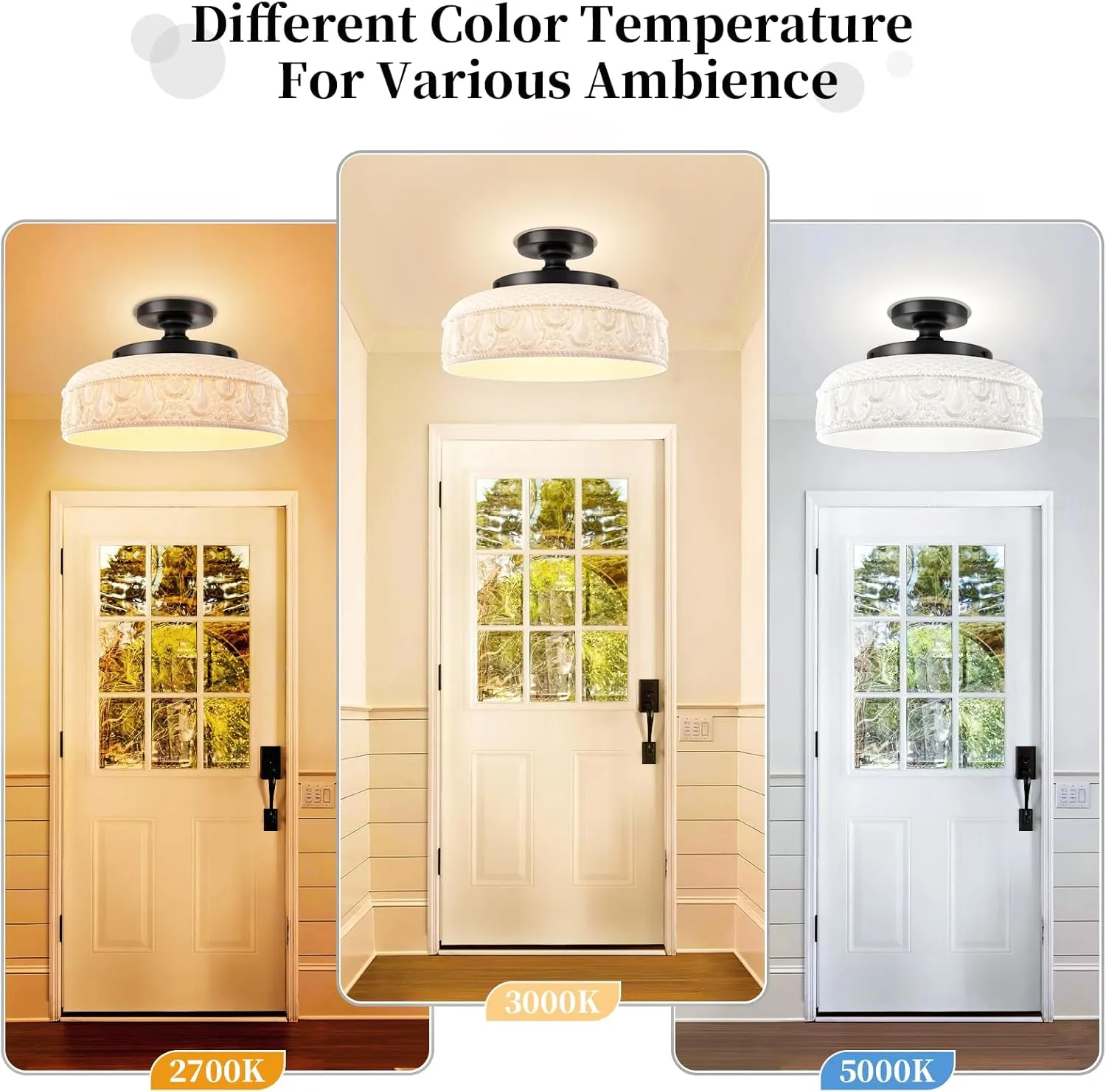 Lamomo Semi Flush Mount Ceiling Light,White Glass Shade Black Hallway Light Fixture,3-Bulb Globe Glass Close to Ceiling Scone,Indoor Hanging Light for Bedroom Kitchen Porch Hallway,Bulbs Not Included
