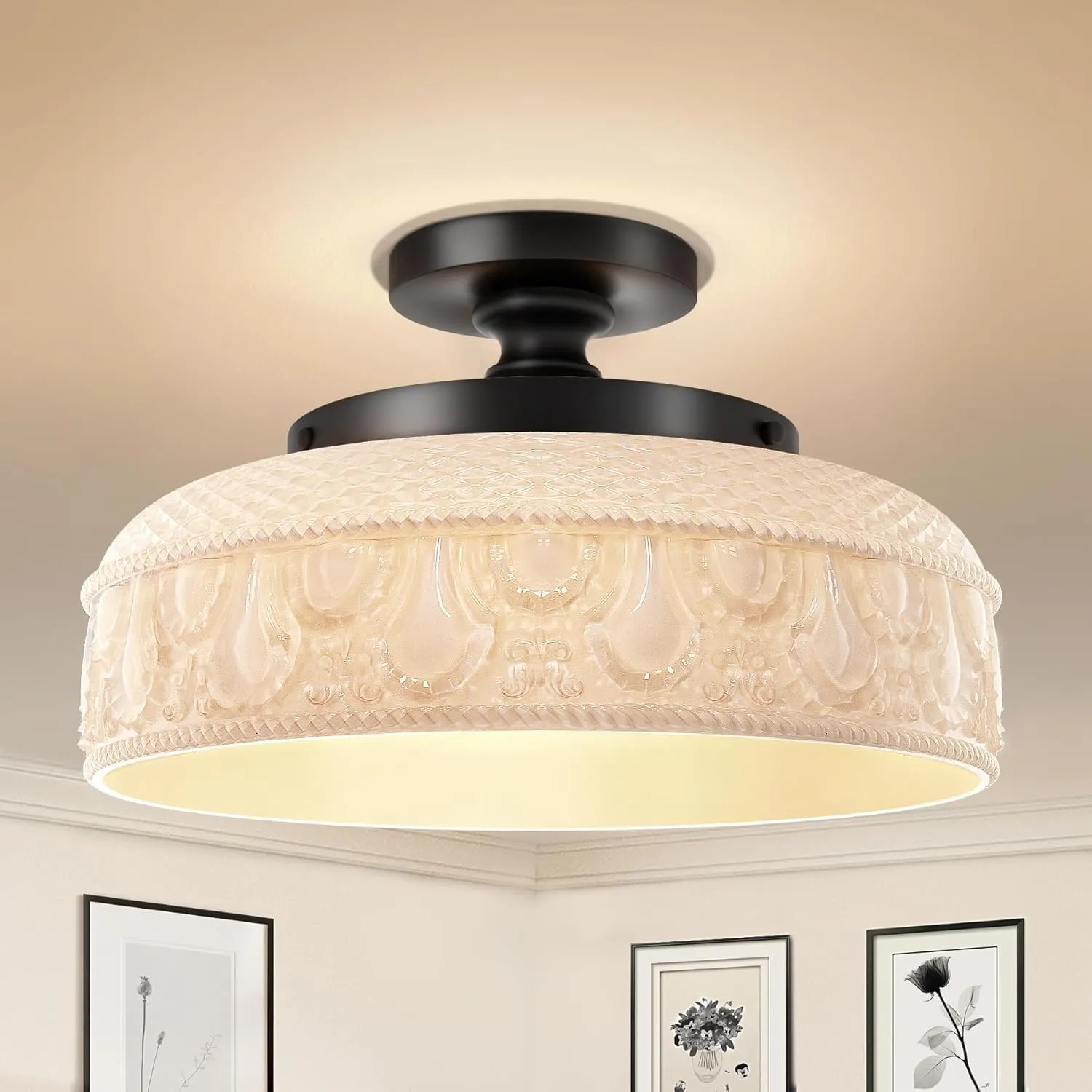 Lamomo Semi Flush Mount Ceiling Light,White Glass Shade Black Hallway Light Fixture,3-Bulb Globe Glass Close to Ceiling Scone,Indoor Hanging Light for Bedroom Kitchen Porch Hallway,Bulbs Not Included