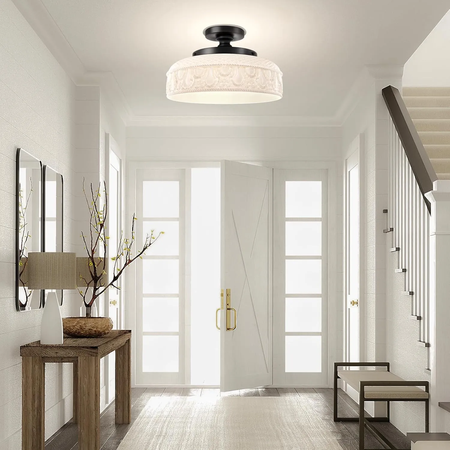 Lamomo Semi Flush Mount Ceiling Light,White Glass Shade Black Hallway Light Fixture,3-Bulb Globe Glass Close to Ceiling Scone,Indoor Hanging Light for Bedroom Kitchen Porch Hallway,Bulbs Not Included