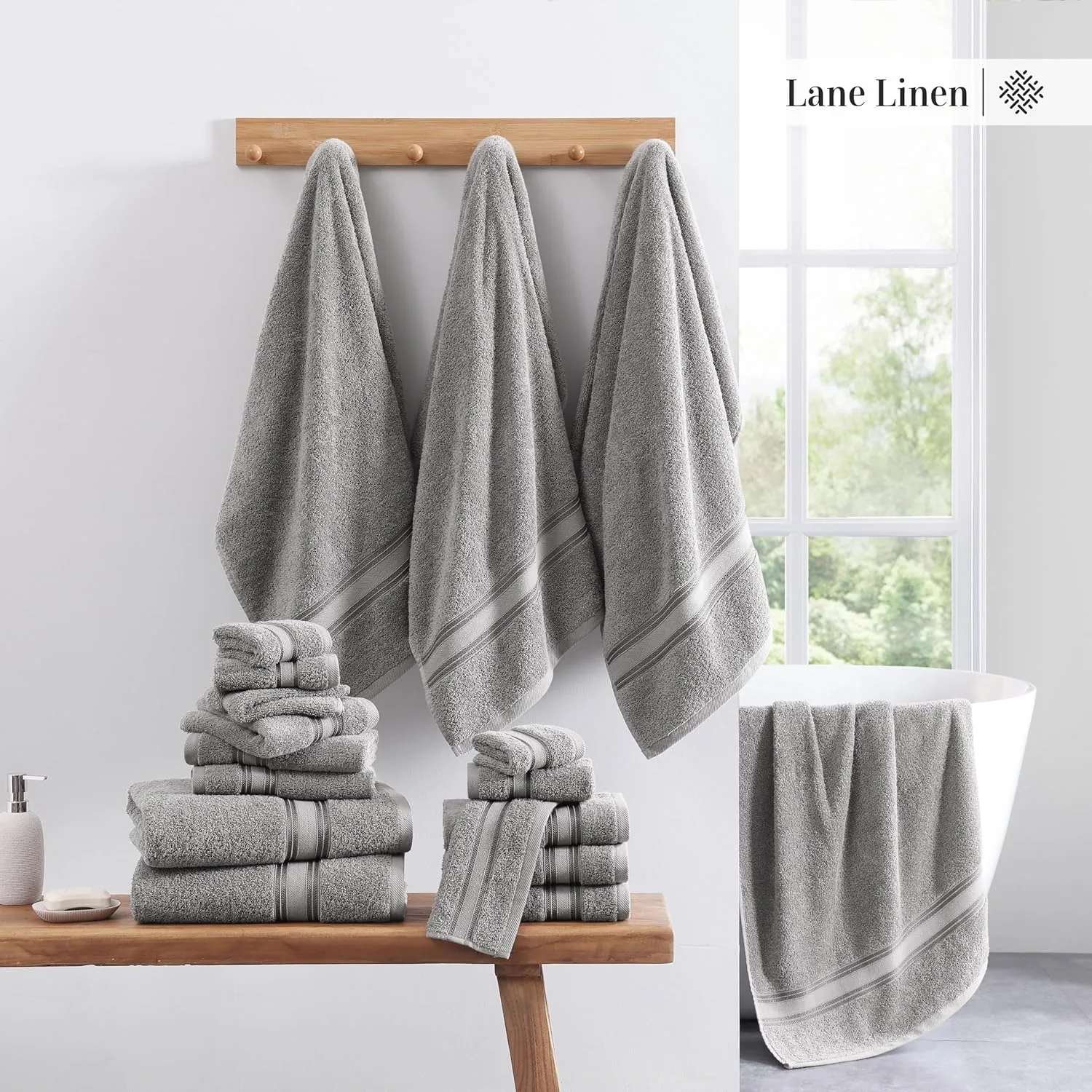 LANE LINEN 100% Cotton 18 Piece Bath Towel Set - Zero Twist, Quick Dry, Super Soft & Highly Absorbent - 6 Bath, 6 Washcloths, 6 Hand Towels for Bathroom - Hotel Quality Bathroom Towel Set - Grey