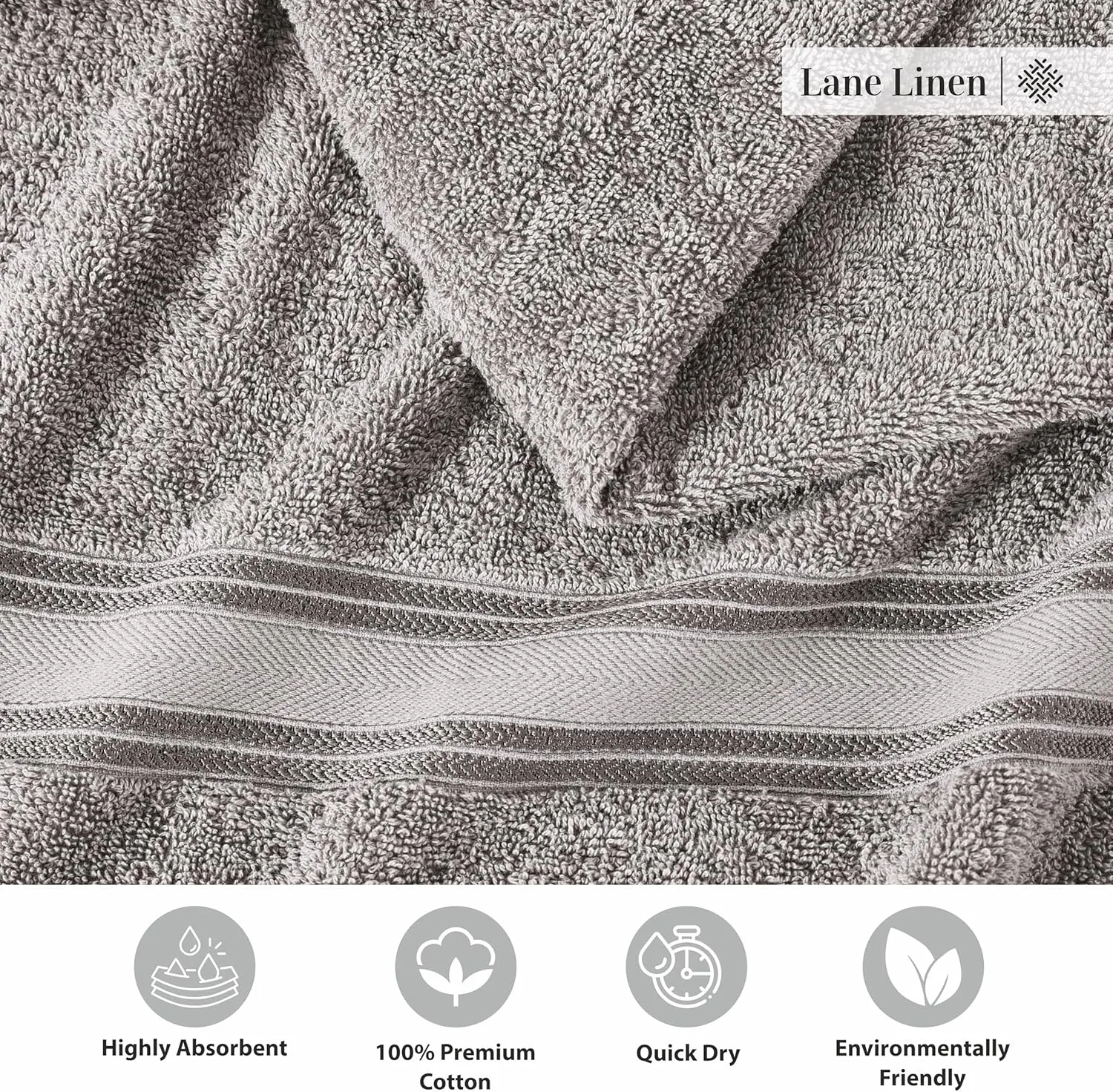 LANE LINEN 100% Cotton 18 Piece Bath Towel Set - Zero Twist, Quick Dry, Super Soft & Highly Absorbent - 6 Bath, 6 Washcloths, 6 Hand Towels for Bathroom - Hotel Quality Bathroom Towel Set - Grey