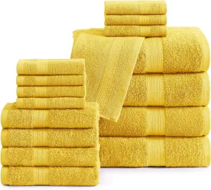 LANE LINEN 100% Mercerized Cotton Bathroom Towel Set - 16 Pieces - Fluffy, Super Soft & Highly Absorbent - 4 Bath Towels, 8 Washcloths, 4 Hand Towels - Ring Spun, Double Sided Cotton Terry - Mimosa