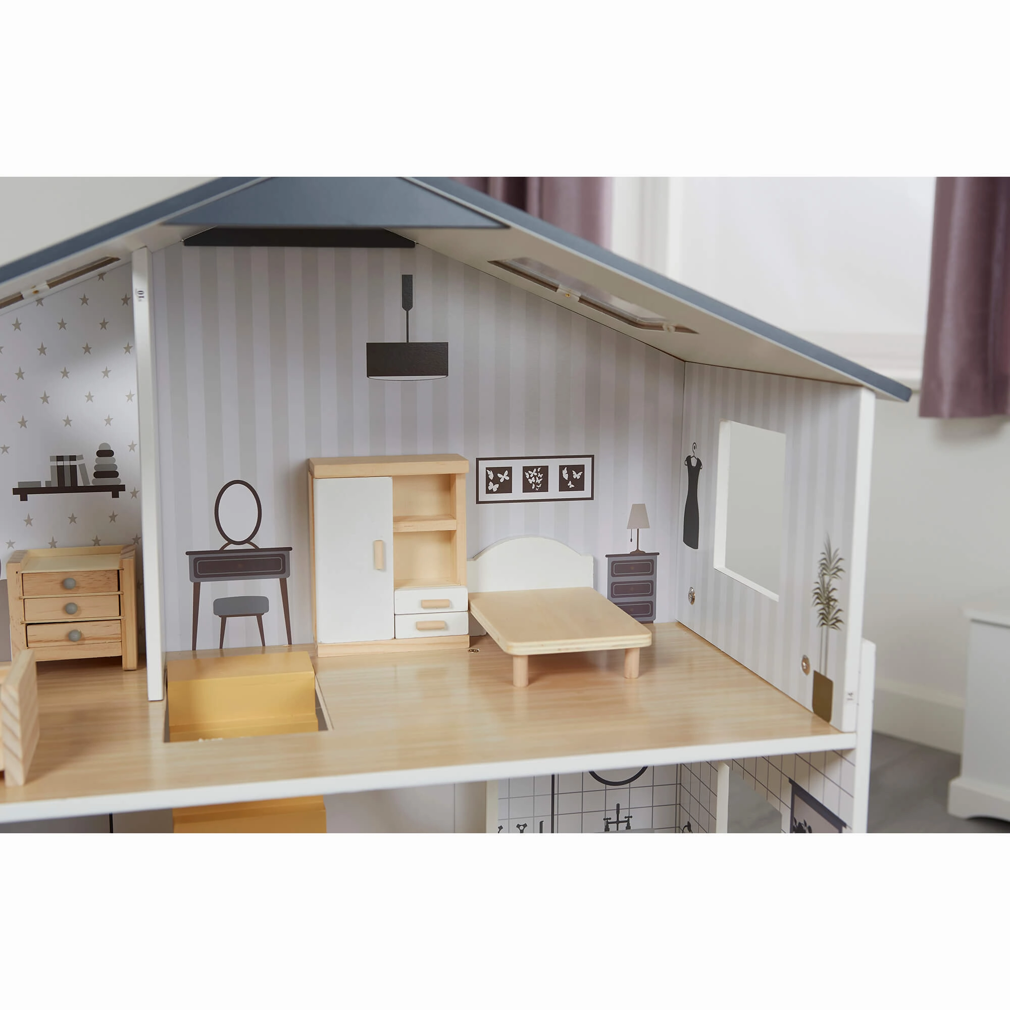 Large Montessori Detailed & Realistic Wooden Dolls House | 3 Storey Dollhouse | 18 Furniture Pieces